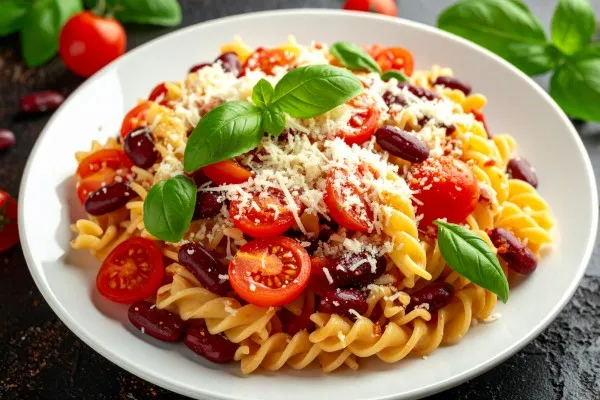 Pastasallad med tomat, basilika och bönor